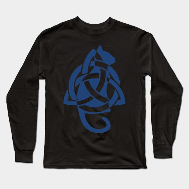 Blue Celtic Triquetra Cat East Silhouette Long Sleeve T-Shirt by DepicSpirit